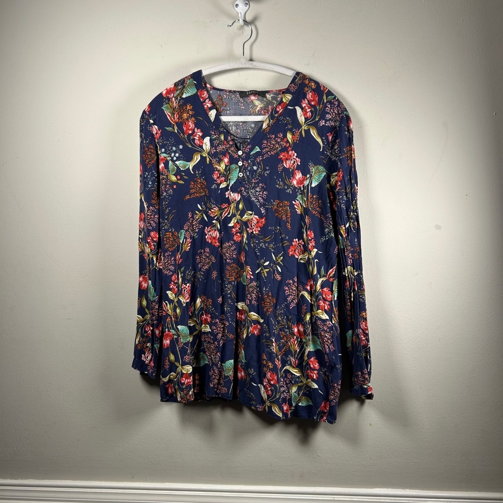 Esprit Floral Blouse Womens Navy Blue Modern V-Neck Long Sleeve Pleated Back
